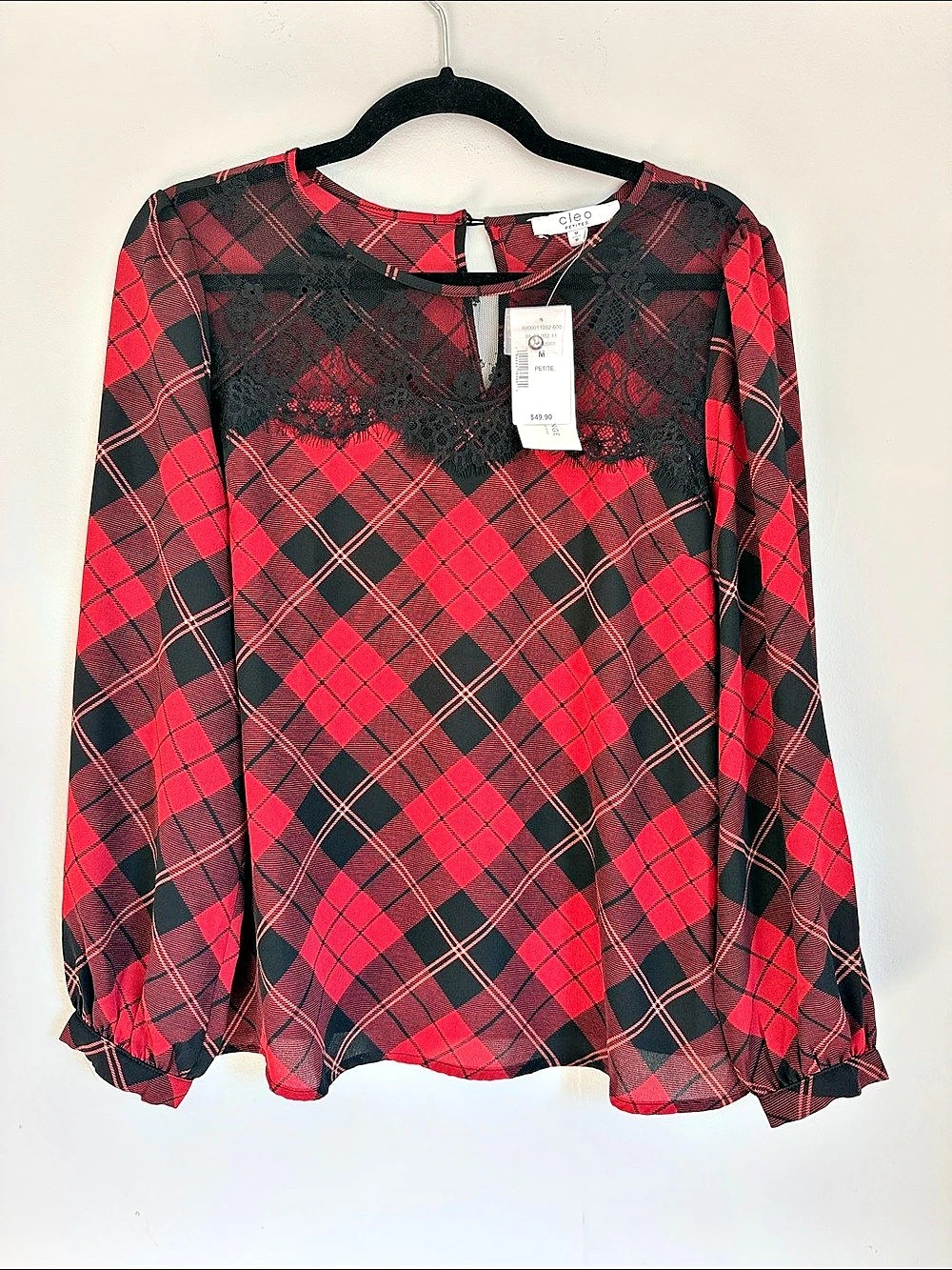Cleo Petites Plaid Long Sleeve Blouse in Red & Black Size Medium NWT